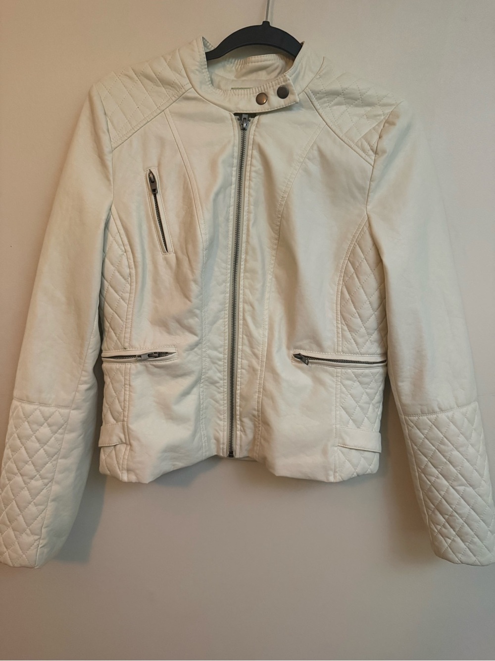 Women’s Cream Quilted Faux Leather Moto Jacket